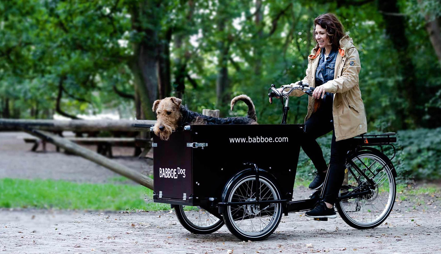 Frau fährt ein Lastenfahrrad und ihr Hund sitzt im Korb